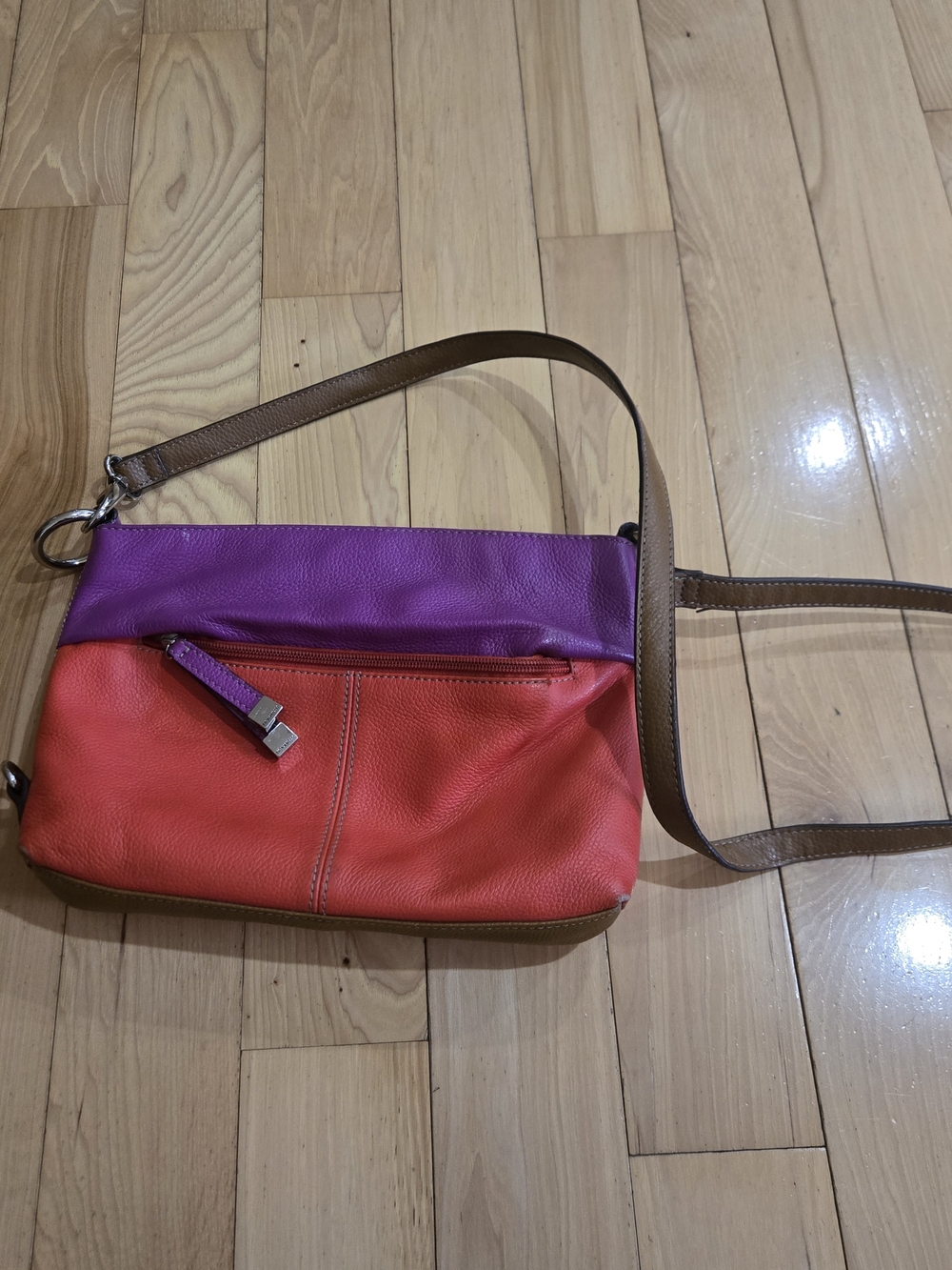 Tignanello leather Colorblock Crossbody Bag - Purple & Coral with Brown Strap